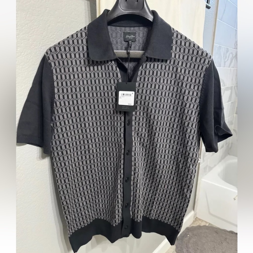 Good Man Brand Men’s Small Black Geo Print Knit Polo Shirt New With Tags